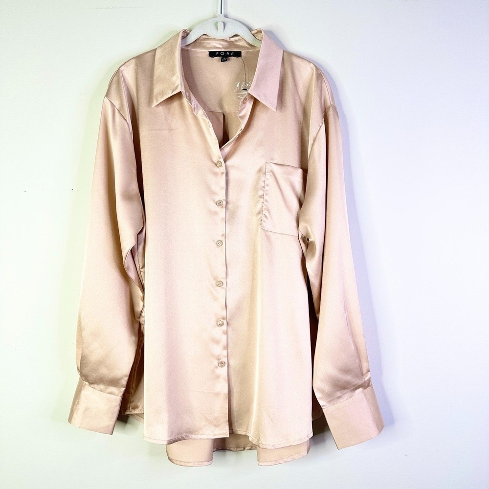 Fore Shirt Women L Champagne Pink Blush Satin Button Down Blouse Long Slv Pocket - Picture 1 of 8